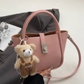 Pink lychee texture leather bucket bag with silver metal buckle and cute bear charm - With Bear Pendant / Pink
