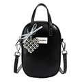Minimalist black oval phone bag with silver heart pendant and bow detail for women - Black (With Beaded Heart Charm)