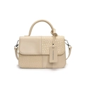 Chic beige crossbody bag with woven patchwork design and stylish top handle for women - White