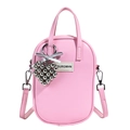 Pink oval PU leather crossbody bag with heart bead charm and white fabric label - Pink (With Beaded Heart Charm)