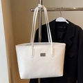 White large capacity tote bag in lychee texture leather with a minimalist metal plaque - White without Pendant