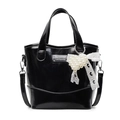 Glossy black bucket handbag with pearl heart bow charm and silver metallic brand plate - Pearl Heart Charm / Black