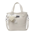 Beige PU leather bucket bag featuring pearl heart charm and lace bow decoration - Pearl Heart Charm / Off White