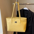Minimalist yellow leather tote bag with lychee texture and silver metal plaque - Yellow - No Pendant