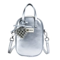 Minimalist silver metallic crossbody bag with beaded heart charm and top handle design - Silver (With Beaded Heart Charm)