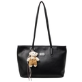 Minimalist black tote bag with lychee texture and cute bear pendant on shoulder strap - Black With Bear Charm