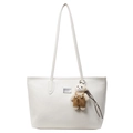 White lychee pattern leather tote bag with long strap and cute plush bear charm - White With Overalls Bear