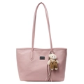 Light pink pebbled leather tote bag with a cute brown bear charm and silver nameplate - Pink With Bear Charm