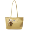 Minimalist yellow leather tote bag with lychee texture and cute bear pendant accessory - Yellow With Bear Charm