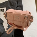 Pink woven leather crossbody bag with silver logo, decorative scarf, and shoulder strap - Pink - No Pendant