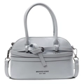 Elegante hellgraue Muschel-Handtasche mit dekorativen Kreuzgurten und Doppelgriffen - Hellblau