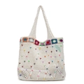 Borsa tote in crochet bianca con bordo colorato vintage e decorazioni di perline - Bianco Sporco
