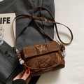 Deep brown woven square crossbody bag with glossy wrinkled leather and decorative beads - Coffee - No Pendant
