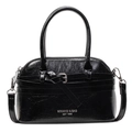 Glossy black pleated leather shell bag with silver hardware and adjustable strap - Black