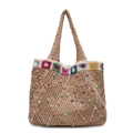 Borsa tote in maglia kaki con fiori all'uncinetto colorati e perline di perle finte - Cachi