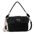 Elegant black woven small square handbag with chic knotted rope charm and metal logo tag - Black With Pendant