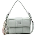 Woven leather crossbody bag in light sage green with checkered texture and tennis pendant - Green With Abacus Racket Knot