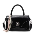 Chic black glossy square handbag with round metal buckle and woven cord pendant - Black (With Abacus Racket Pendant)