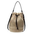 Hohl gestrickte Strohtasche mit schwarzem Kordelzug und verstellbarem Gurt - Gebrochenes Weiß