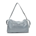 Lichtblauwe denim Boston tote tas met witte belettering en brede stoffen schouderriem - Lichtblauw