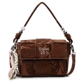 Retro brown woven square bag with pleated texture and adjustable strap in a variant view - Coffee With Abacus Racket Knot