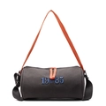 Borsa a cilindro in tela grigio scuro con tracolla arancione e ricamo blu 19 EST 85 - Marrone Scuro