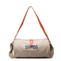 Borsa a cilindro in tela beige con tracolla arancione e dettagli ricamati del 1985 - Cachi
