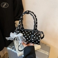 Polka dot cylindrical Boston bag in black patent leather with lace bow and pearl charm - Black (With Pendant)
