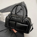 Black glossy patent leather Boston handbag with dual front pockets and silver zippers - Without Pendant / Black - Without Pendant