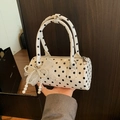 Polka dot cylinder handbag in white leather with lace bow and pearl pendant details - White with Pendant