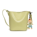 Minimalist avocado green bucket bag in wrinkled faux leather with cartoon charm - Green