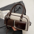 Chic two-tone Boston handbag in cream and brown leather with front pockets and strap - Without Pendant / Off-white - No Pendant