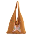 Ingwergelbe gewebte Schultertasche mit Schmetterlings-Lace-Applikation und bunten Perlen - Braun