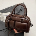 Dark brown Boston handbag in glossy PU leather with dual pockets and silver hardware - Without Pendant / Coffee Without Pendant