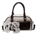 Chic cream and brown Boston bag with white mesh bow and pearl charms for women - Off White + Mesh Artificial Pearl Bow
