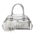 Silver PU Boston handbag with metallic finish and decorative pearl bow charm - Silver + Mesh Artificial Pearl Bow
