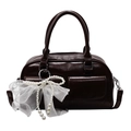 Deep coffee Boston handbag with oily wax finish and decorative lace pearl bow charm - Coffee + Mesh Artificial Pearl Bow