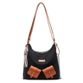 Versatile borsa tote in tela nera con tasche in pelle marrone e tracolla a catena - Nero Con Ciondolo