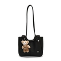 Black lychee pattern tote bag with shoulder strap and cute bear charm in studio setting - Bear with Overalls Charm / Black