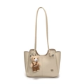 Chic beige lychee textured tote bag with cute teddy bear charm and metal logo - Bear with Overalls Charm / White