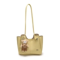 Cream lychee pattern tote bag for women with a cute brown plush bear pendant - Bear with Overalls Charm / Yellow