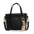 Elegant black lychee grain leather bucket bag with top handles and a golden tennis charm - Black