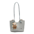 Chic light blue-grey lychee pattern tote bag with teddy bear charm and silver studs - Bear with Overalls Charm / Blue