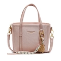 Minimalist light pink leather bucket bag with top handle and golden abacus charm decoration - Pink