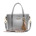 Minimalist silver bucket bag with metallic crinkle texture and fashionable charms - Silver