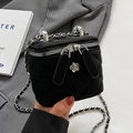 Mini black quilted leather crossbody bag with silver flower buckle and chain strap - Small / Black