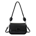 Black minimalist square crossbody bag with woven texture and thick braided handle - Black