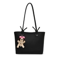 Minimalist black lychee leather tote bag with a cute dog pendant and shoulder straps - With Charm / Black
