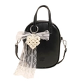 Borsa a mano ovale in pelle nera con ciondolo a cuore di perle e fiocco in pizzo - Nero + Pizzo Cuore di Perla
