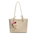 Minimalist cream tote bag in lychee pattern leather with cute puppy plush charm - With Charm / White